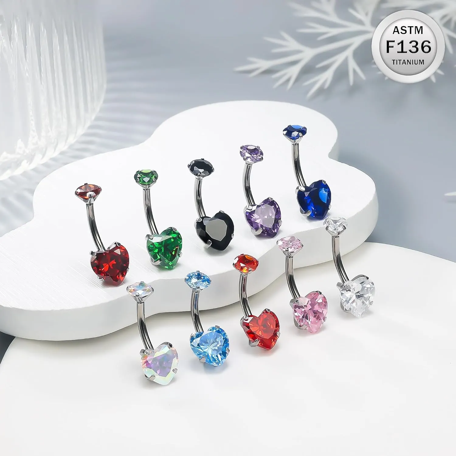 Ruifan ASTM F136 Titanium Belly Button Rings 14G CZ Heart Belly Navel Rings 10mm Bar Body Piercing Jewelry Navel Ring With 1PCS Curved Piercing Taper