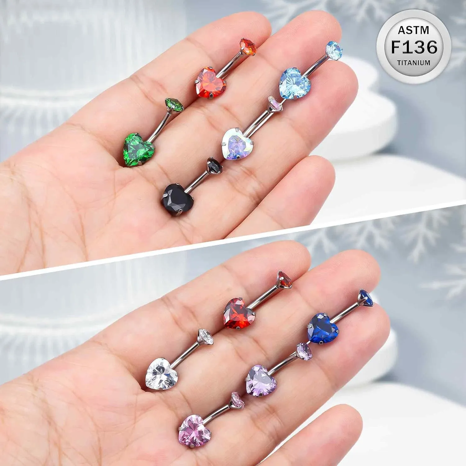 Ruifan ASTM F136 Titanium Belly Button Rings 14G CZ Heart Belly Navel Rings 10mm Bar Body Piercing Jewelry Navel Ring With 1PCS Curved Piercing Taper