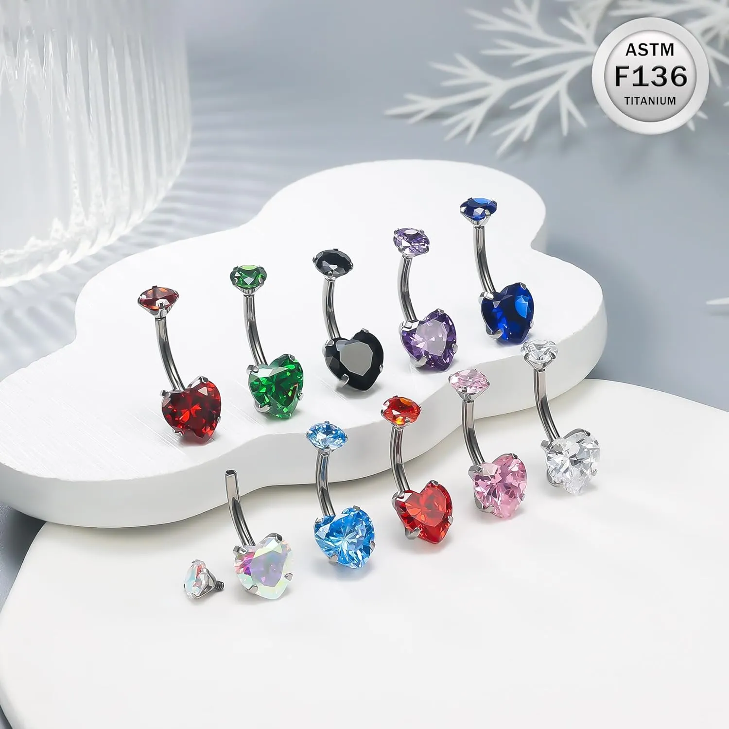 Ruifan ASTM F136 Titanium Belly Button Rings 14G CZ Heart Belly Navel Rings 10mm Bar Body Piercing Jewelry Navel Ring With 1PCS Curved Piercing Taper