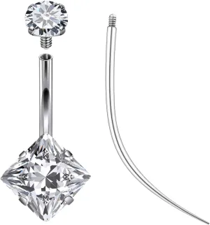 Ruifan ASTM F136 Titanium Belly Button Rings 14G CZ Square Belly Navel Rings 10mm Bar Body Piercing Jewelry Navel Ring With 1PCS Curved Piercing Taper