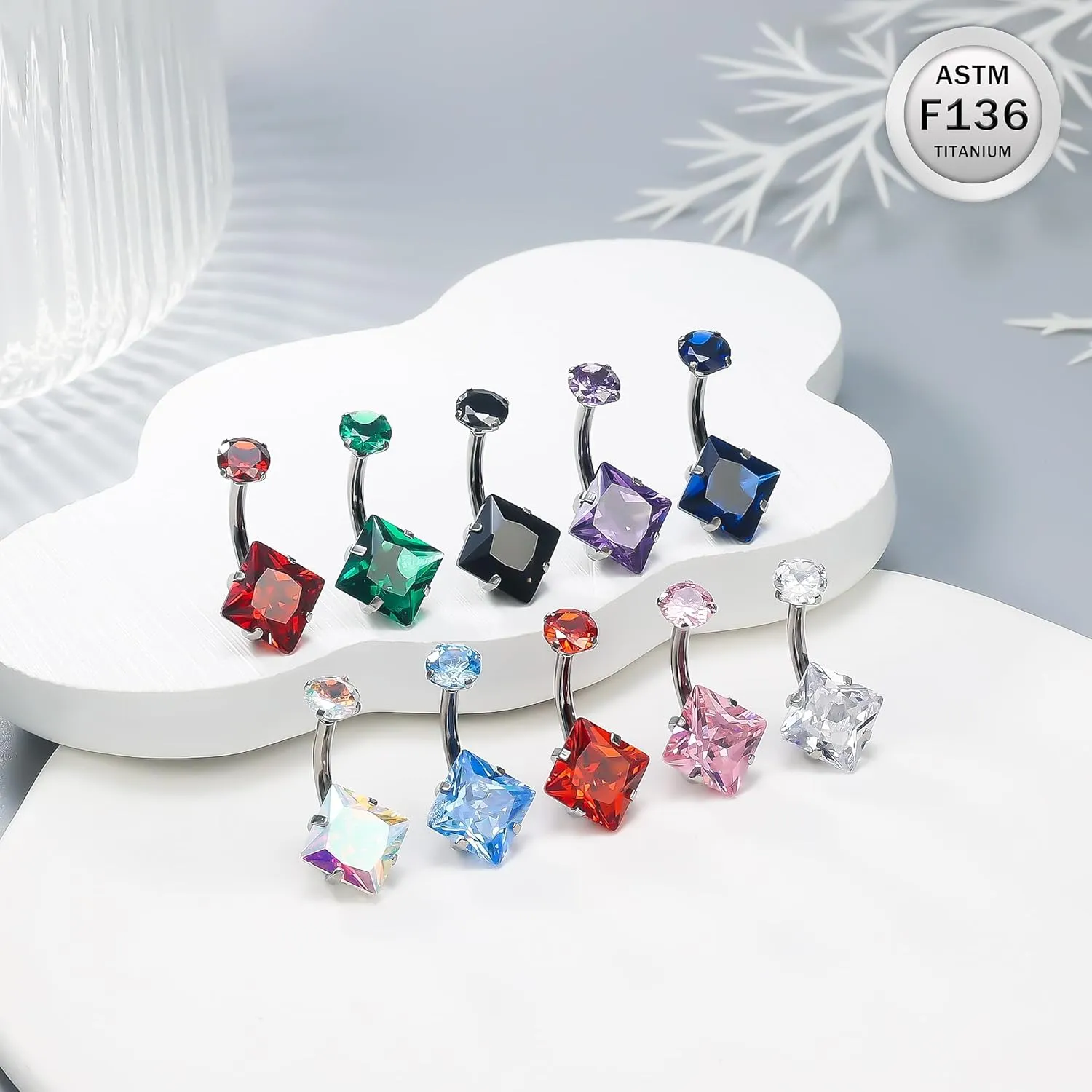 Ruifan ASTM F136 Titanium Belly Button Rings 14G CZ Square Belly Navel Rings 10mm Bar Body Piercing Jewelry Navel Ring With 1PCS Curved Piercing Taper