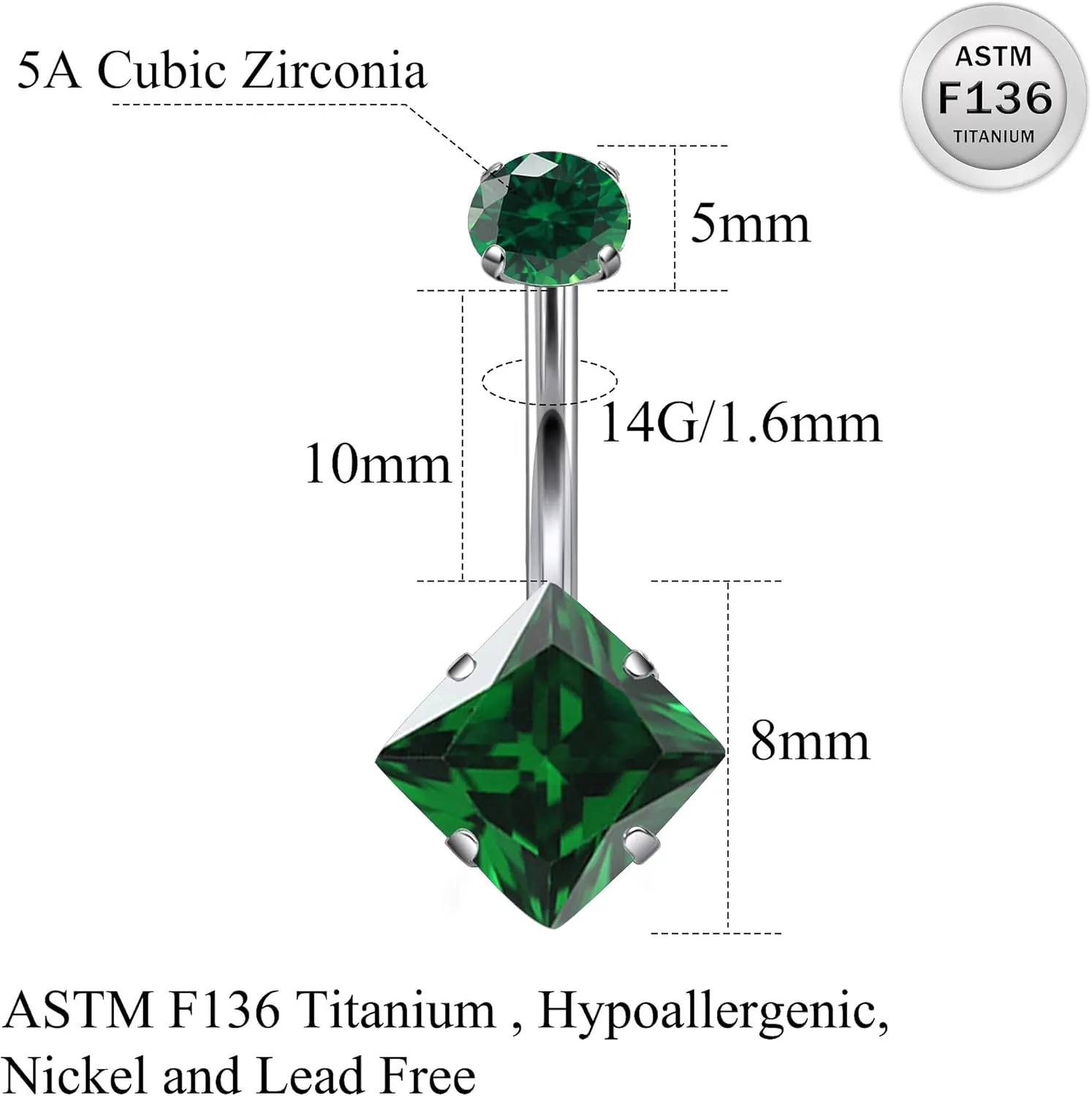 Ruifan ASTM F136 Titanium Belly Button Rings 14G CZ Square Belly Navel Rings 10mm Bar Body Piercing Jewelry Navel Ring With 1PCS Curved Piercing Taper