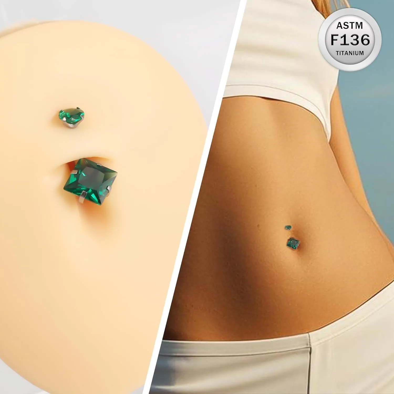 Ruifan ASTM F136 Titanium Belly Button Rings 14G CZ Square Belly Navel Rings 10mm Bar Body Piercing Jewelry Navel Ring With 1PCS Curved Piercing Taper