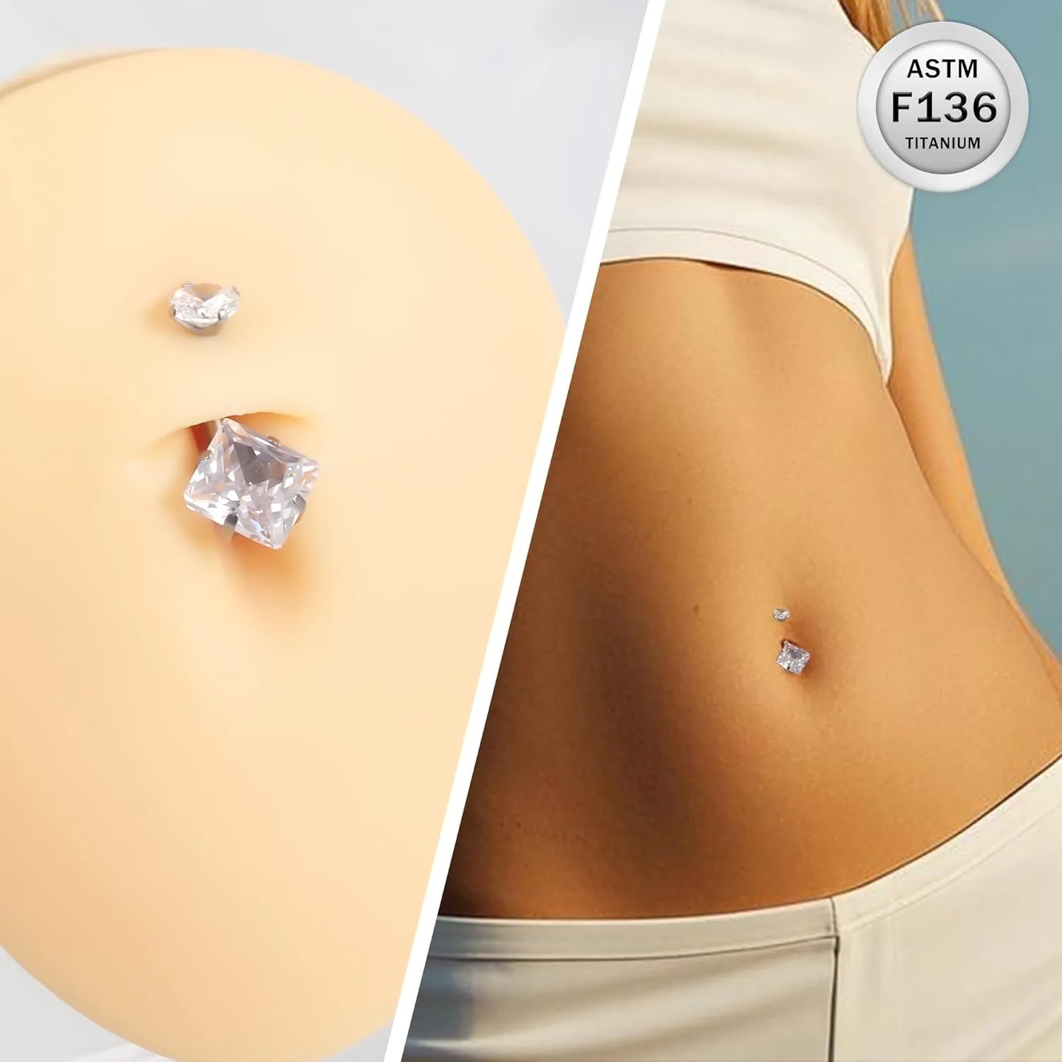 Ruifan ASTM F136 Titanium Belly Button Rings 14G CZ Square Belly Navel Rings 10mm Bar Body Piercing Jewelry Navel Ring With 1PCS Curved Piercing Taper