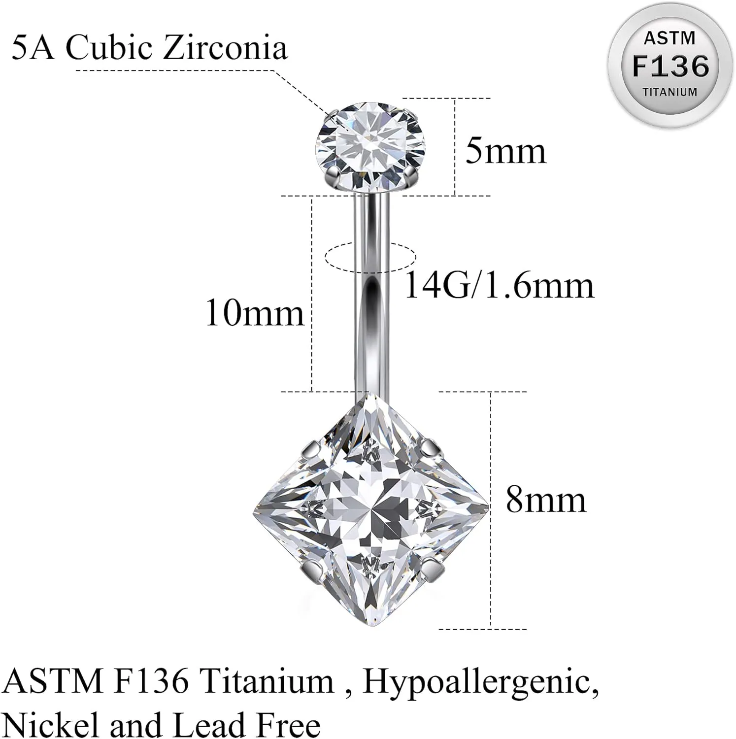 Ruifan ASTM F136 Titanium Belly Button Rings 14G CZ Square Belly Navel Rings 10mm Bar Body Piercing Jewelry Navel Ring With 1PCS Curved Piercing Taper
