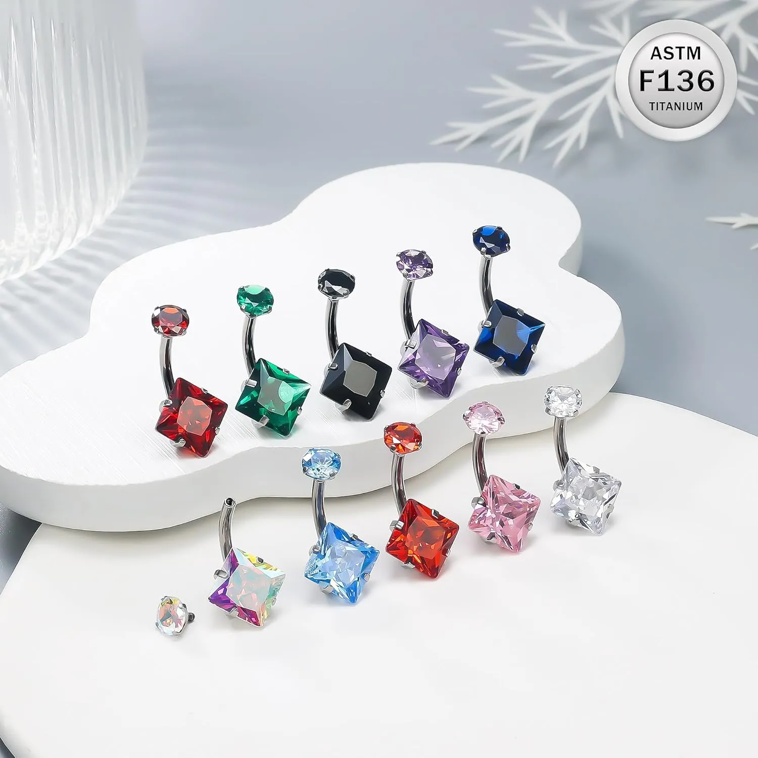 Ruifan ASTM F136 Titanium Belly Button Rings 14G CZ Square Belly Navel Rings 10mm Bar Body Piercing Jewelry Navel Ring With 1PCS Curved Piercing Taper