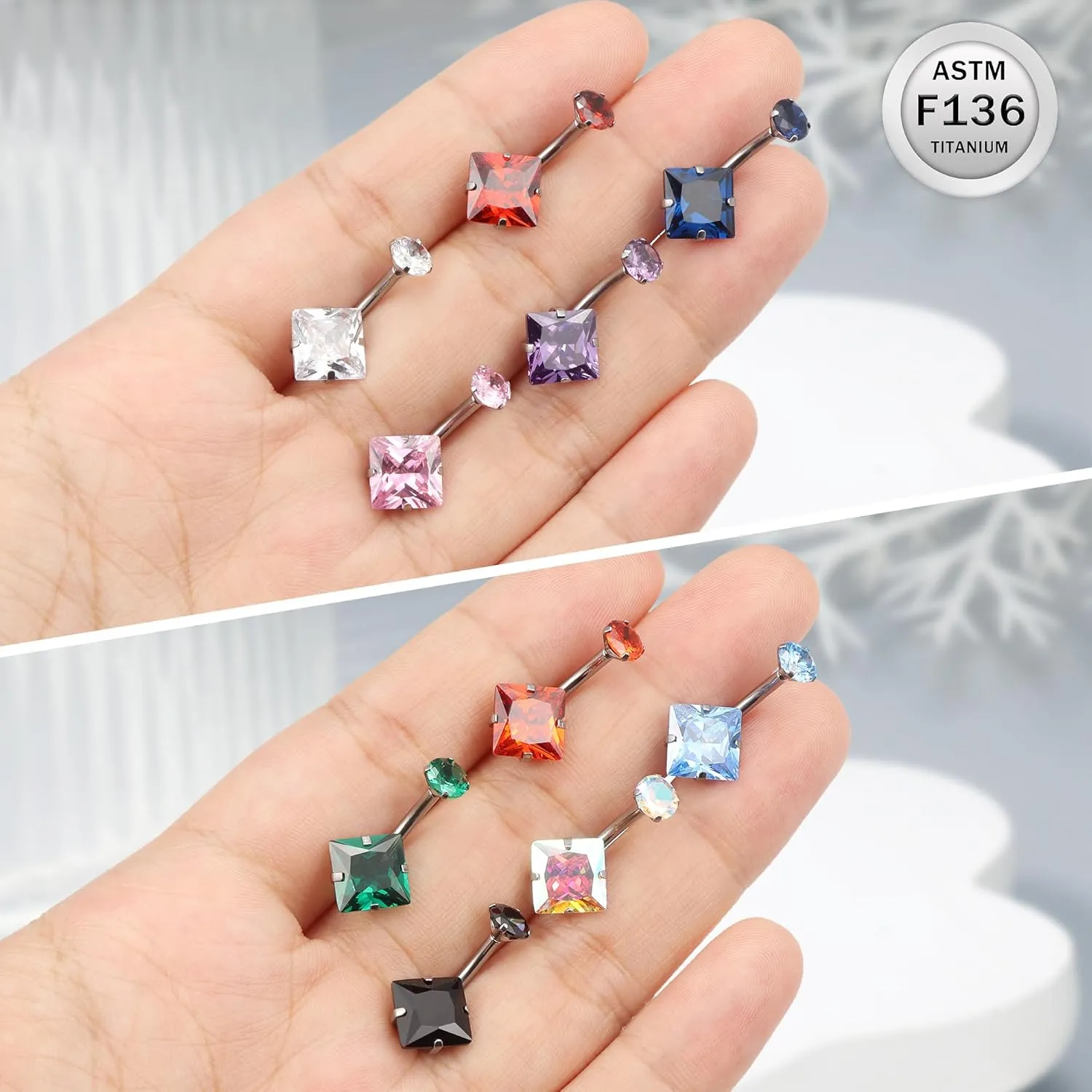 Ruifan ASTM F136 Titanium Belly Button Rings 14G CZ Square Belly Navel Rings 10mm Bar Body Piercing Jewelry Navel Ring With 1PCS Curved Piercing Taper