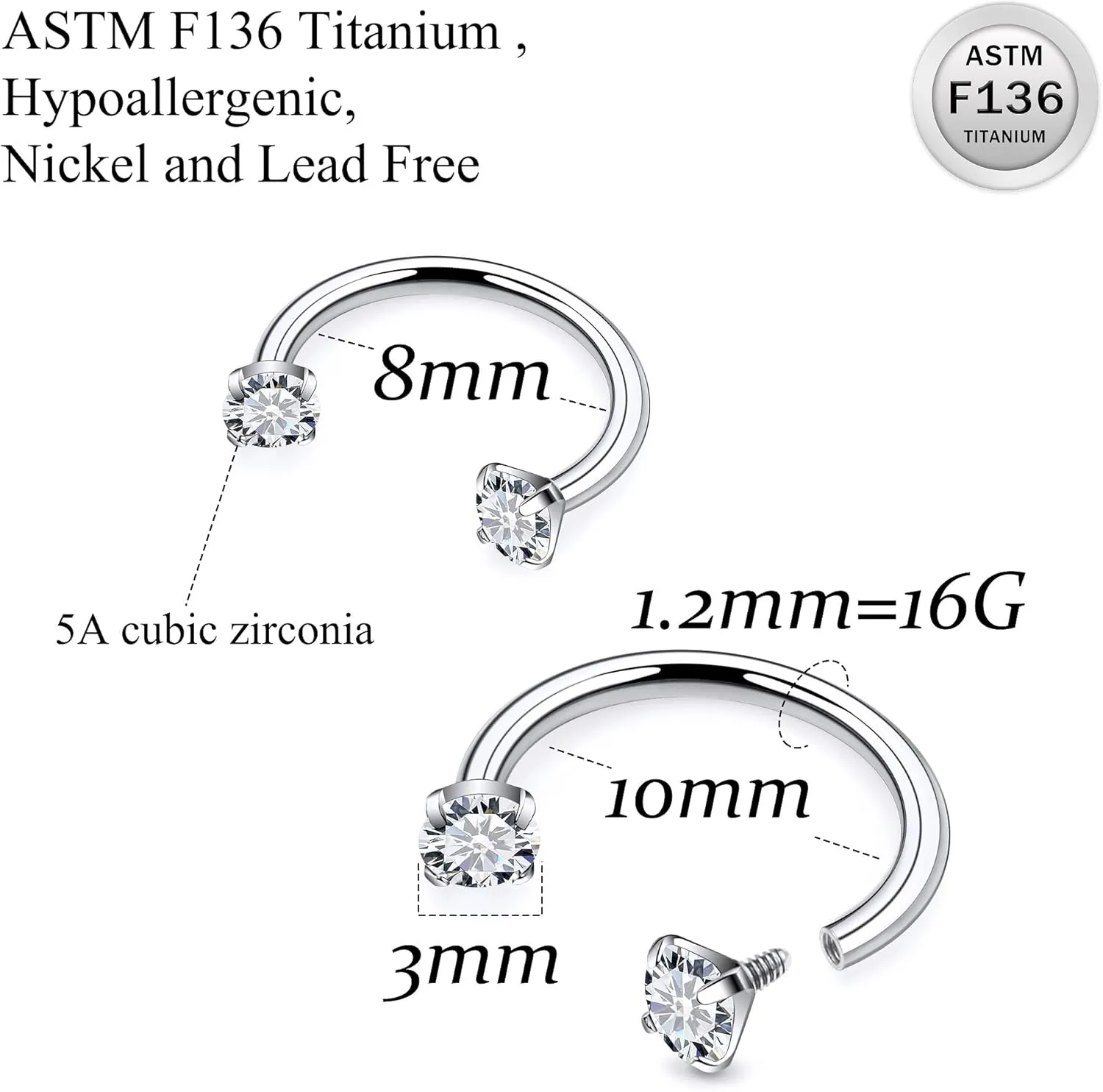 Ruifan ASTM F136 Titanium Horseshoe Nose Ring 16G Cubic Zircon Septum Rings Piercing Jewelry Internally Threaded Cartilage Conch Helix Rook Tragus Lip Earring Hoop Eyebrow For Women Men 8mm 10mm