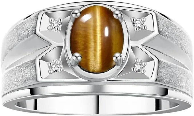 Rylos Men's Rings Classic Designer Style 8X6MM Oval Gemstone & Diamond Ring - Color Stone Birthstone Rings for Men, Sterling Silver Ring in Sizes 8-13.
