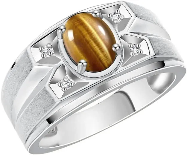 Rylos Men's Rings Classic Designer Style 8X6MM Oval Gemstone & Diamond Ring - Color Stone Birthstone Rings for Men, Sterling Silver Ring in Sizes 8-13.