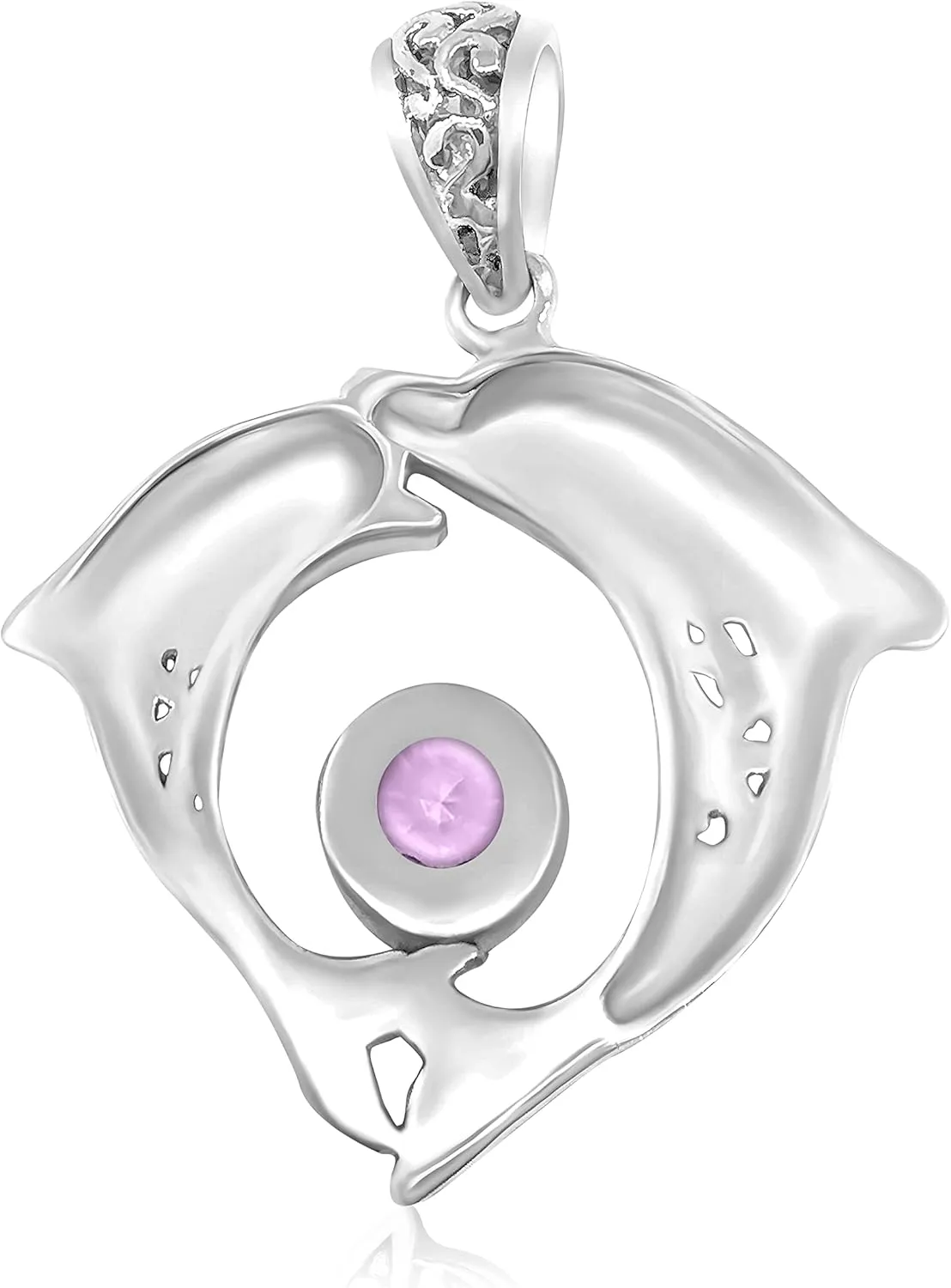 S J .925 Sterling Silver Double Dolphin Pendant with Genuine Amethyst, Blue Topaz, Garnet,Green Quartz or Peridot and .70 Platinum Plating