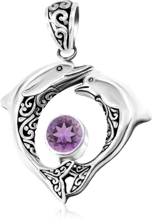 S J .925 Sterling Silver Double Dolphin Pendant with Genuine Amethyst, Blue Topaz, Garnet,Green Quartz or Peridot and .70 Platinum Plating