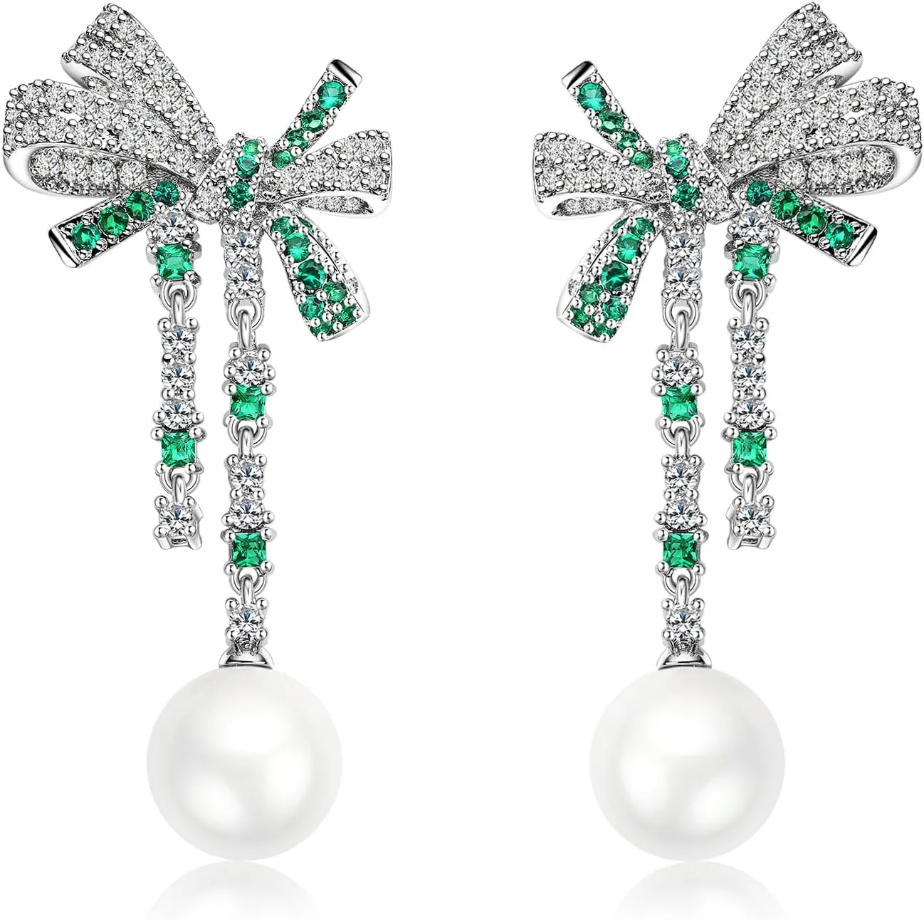 S925 Sterling Silver Butterfly Pearl Bow Earrings for Women Crystal Rhinestone Cubic Zirconia Wedding Drop Dangle Earrings for Women Lovers