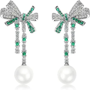S925 Sterling Silver Butterfly Pearl Bow Earrings for Women Crystal Rhinestone Cubic Zirconia Wedding Drop Dangle Earrings for Women Lovers