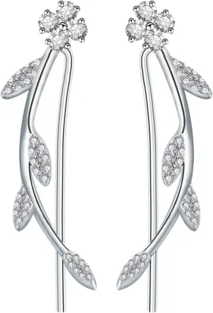 S925 Sterling Silver Ear Climber Studs Olive Leaf with Cubic Zirconia Earrings Hypoallergenic Olive Branch Leaf with CZ Simulated Diamond Ear Cuff Earrings Delicate Jewelry Gifts for Women