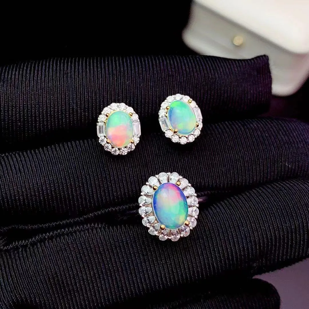 S925 Sterling Silver Natural Opal Rings Ear Studs Necklace