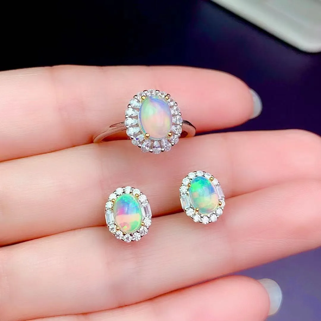 S925 Sterling Silver Natural Opal Rings Ear Studs Necklace