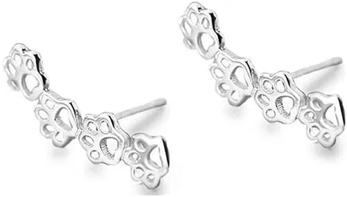 S925 Sterling Silver Puppy Dog Cat Pet Paw Print Cuff Stud Earrings for Women Ears Climber Crawler Silver-Toned Cute Dainty Kitten Animal Footprint Hypoallergenic Jewelry