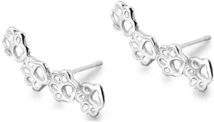 S925 Sterling Silver Puppy Dog Cat Pet Paw Print Cuff Stud Earrings for Women Ears Climber Crawler Silver-Toned Cute Dainty Kitten Animal Footprint Hypoallergenic Jewelry