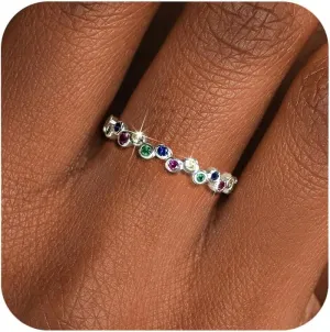S925 Sterling Silver Rainbow Eternity Thumb Rings for Women Dainty Colorful AAA Cubic Zirconia Birthstone Stackable Ring for Mom Jewelry Birthday Christmas Gifts for Her Rings