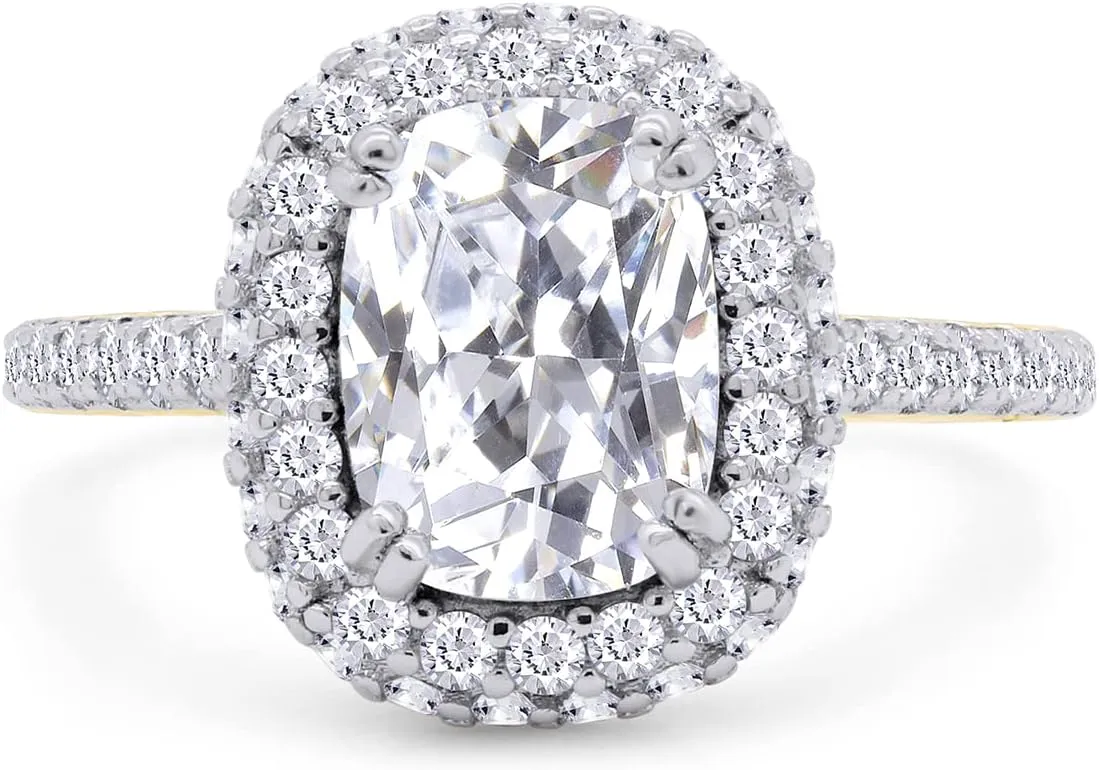 SAVEARTH DIAMONDS Radiant Cut 8X6MM Center And Round Sparkling White Cubic Zirconia Halo Solitaire Engagement Ring In 14k Gold Over Sterling Silver Jewelry For Women