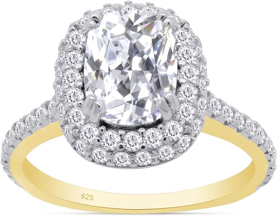 SAVEARTH DIAMONDS Radiant Cut 8X6MM Center And Round Sparkling White Cubic Zirconia Halo Solitaire Engagement Ring In 14k Gold Over Sterling Silver Jewelry For Women