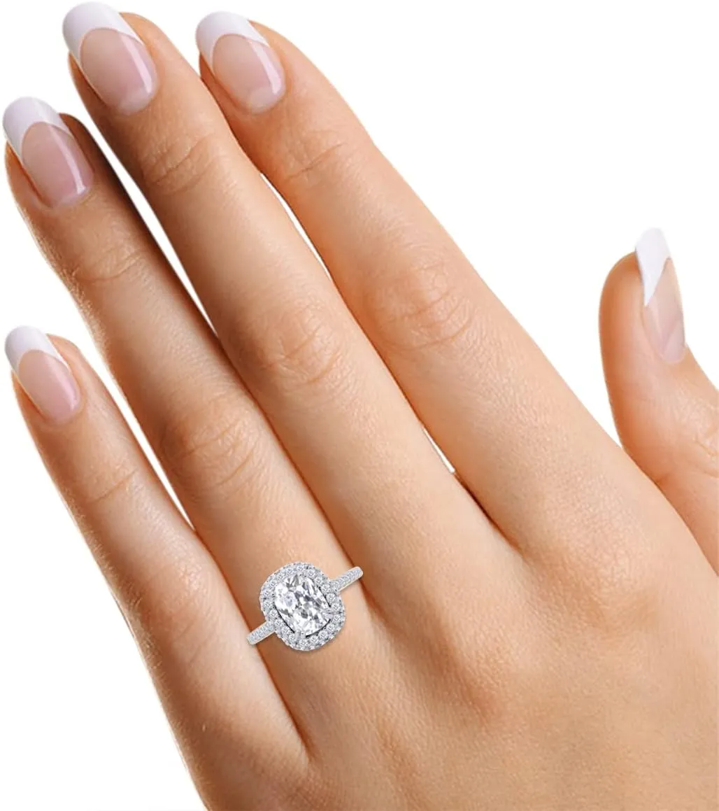 SAVEARTH DIAMONDS Radiant Cut 8X6MM Center And Round Sparkling White Cubic Zirconia Halo Solitaire Engagement Ring In 14k Gold Over Sterling Silver Jewelry For Women