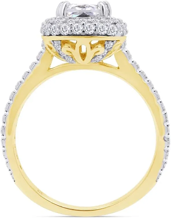 SAVEARTH DIAMONDS Radiant Cut 8X6MM Center And Round Sparkling White Cubic Zirconia Halo Solitaire Engagement Ring In 14k Gold Over Sterling Silver Jewelry For Women