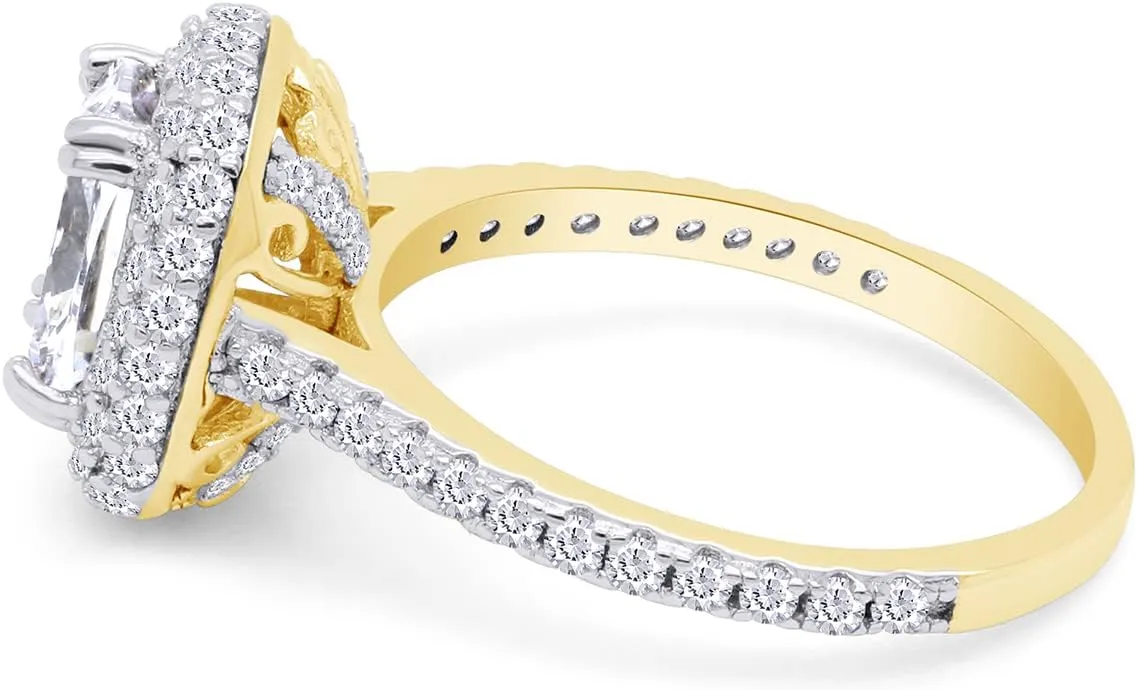 SAVEARTH DIAMONDS Radiant Cut 8X6MM Center And Round Sparkling White Cubic Zirconia Halo Solitaire Engagement Ring In 14k Gold Over Sterling Silver Jewelry For Women