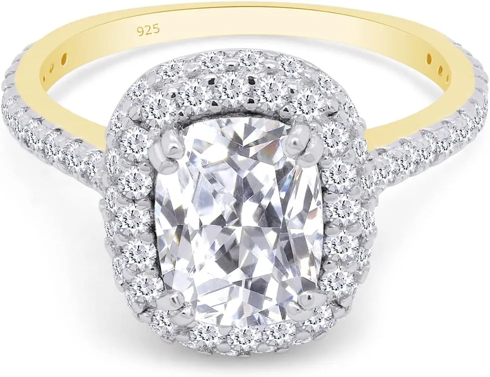 SAVEARTH DIAMONDS Radiant Cut 8X6MM Center And Round Sparkling White Cubic Zirconia Halo Solitaire Engagement Ring In 14k Gold Over Sterling Silver Jewelry For Women