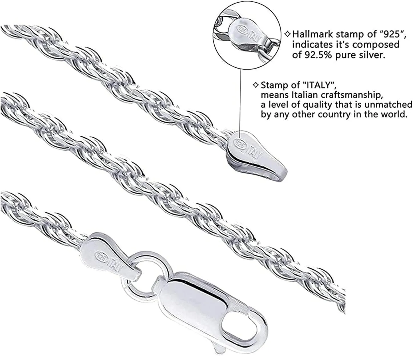 Savlano 925 Sterling Silver 6mm Solid Italian Rope Diamond Cut Twist Link Chain Necklace with Gift Box for Men & Women - Made in Italy