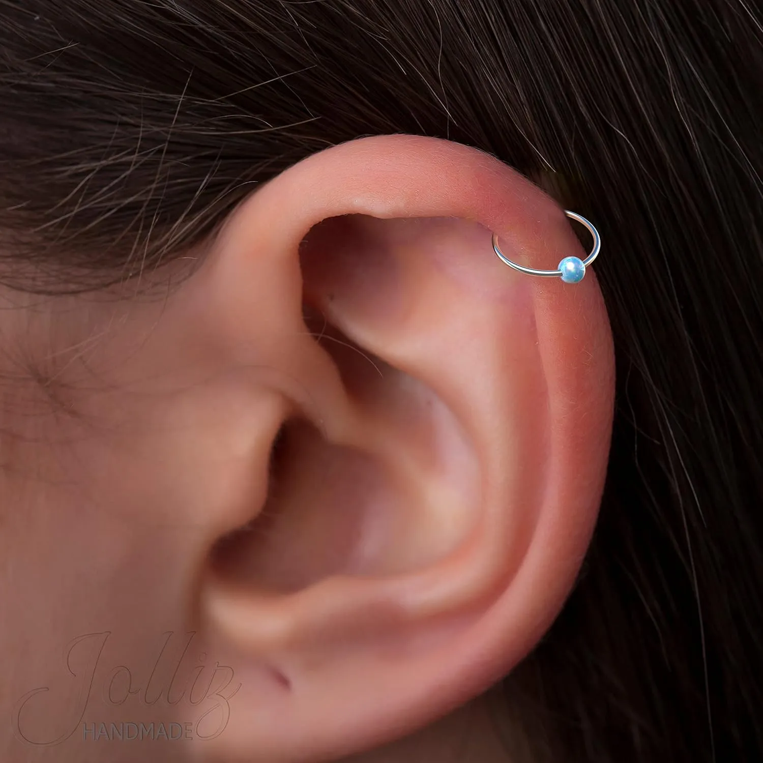 Silver Cartilage Earring Hoop  Helix Piercing Jewelry Ring  20G 8mm Ring With 3mm Blue Opal - Cute Gift