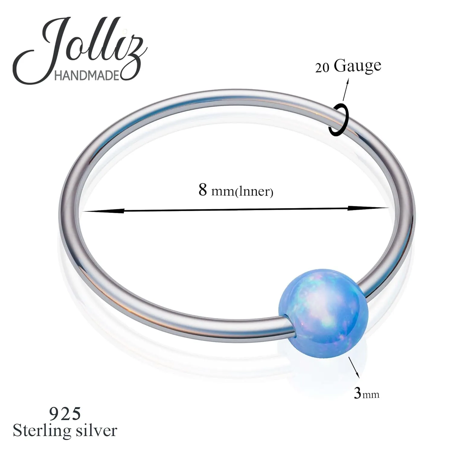 Silver Cartilage Earring Hoop  Helix Piercing Jewelry Ring  20G 8mm Ring With 3mm Blue Opal - Cute Gift