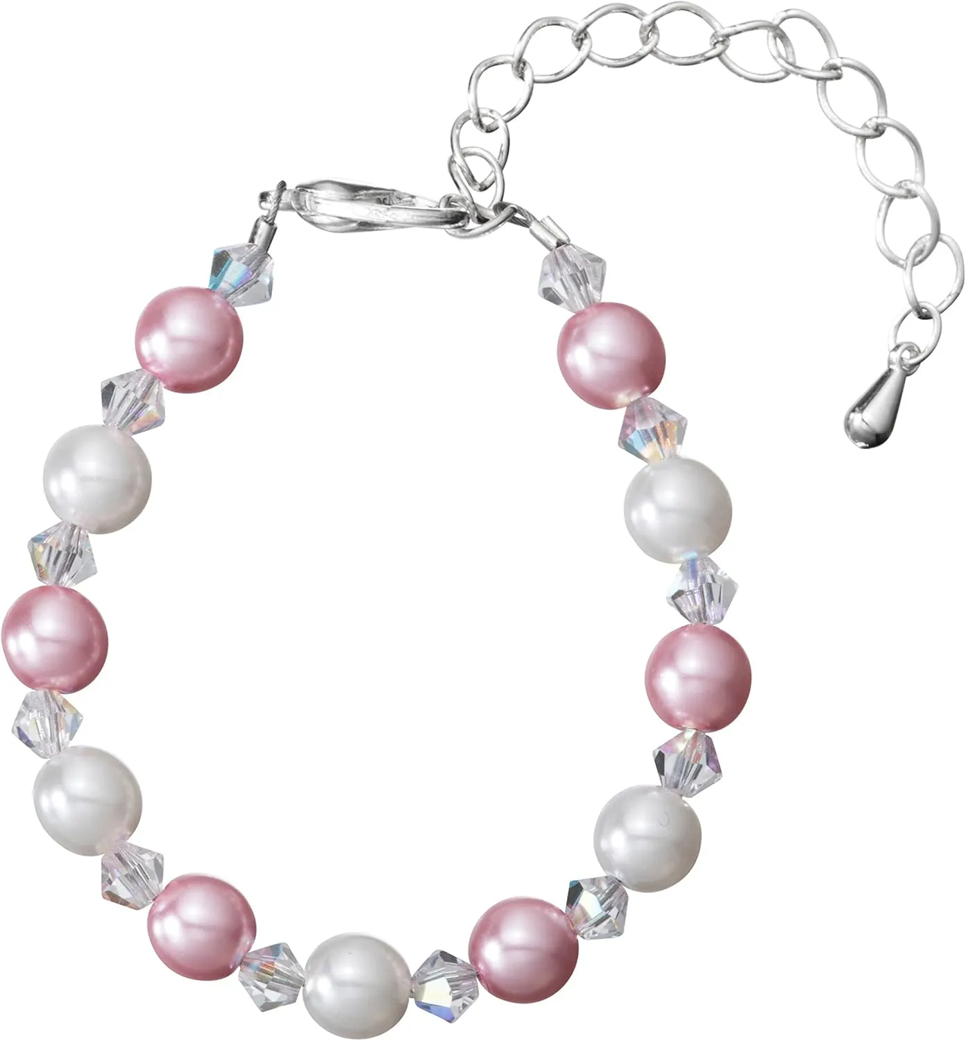 Silver Plated Pearl Bracelet for Girls - With White and Pink Glass Pearls and Crystals - Perfect for Birthday Gifts, Keepsake Gifts (BPG02)