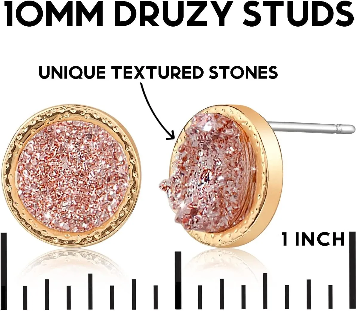 Simulated Druzy Stud Earrings for Women - 10mm Gold Tone Round Earring Studs