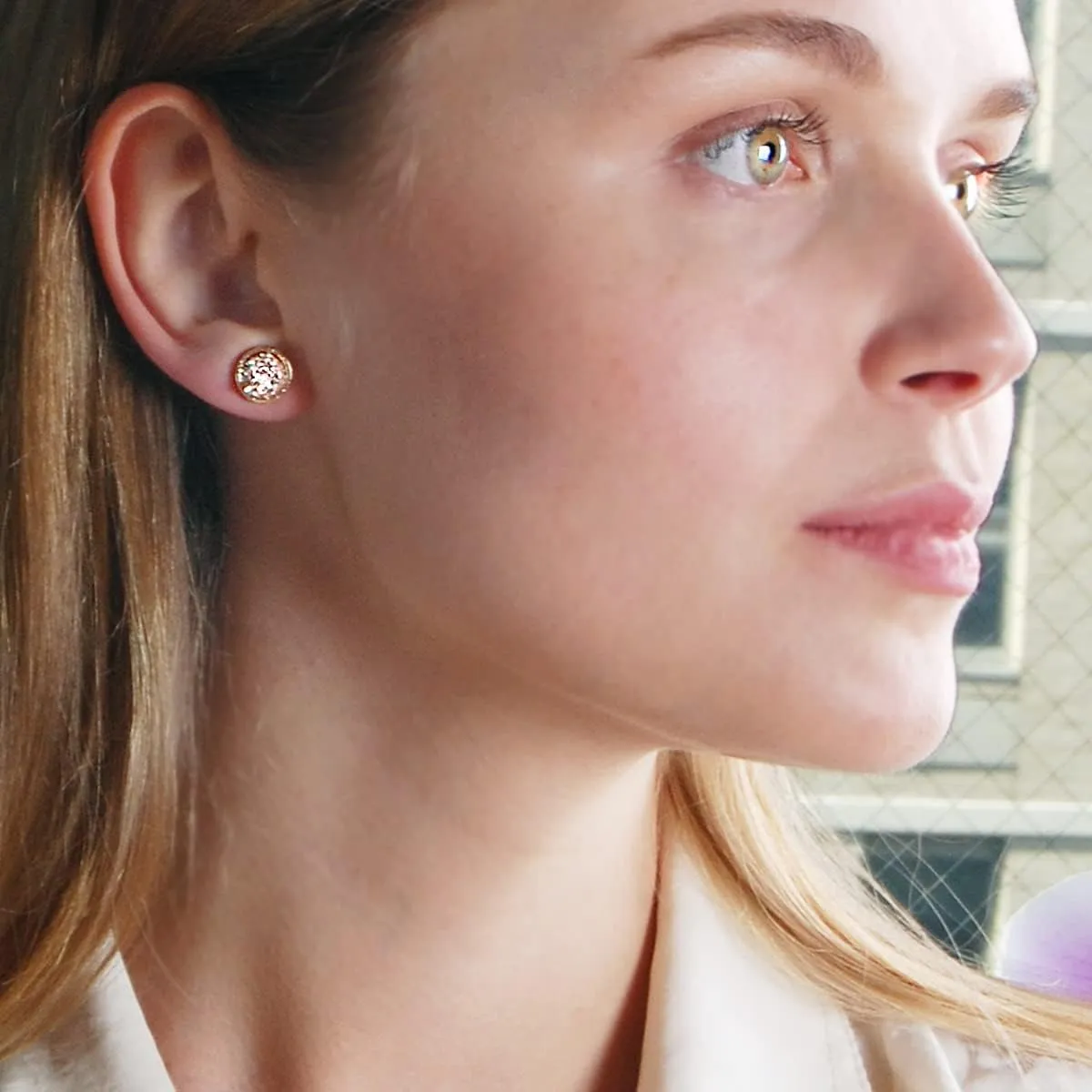 Simulated Druzy Stud Earrings for Women - 10mm Gold Tone Round Earring Studs