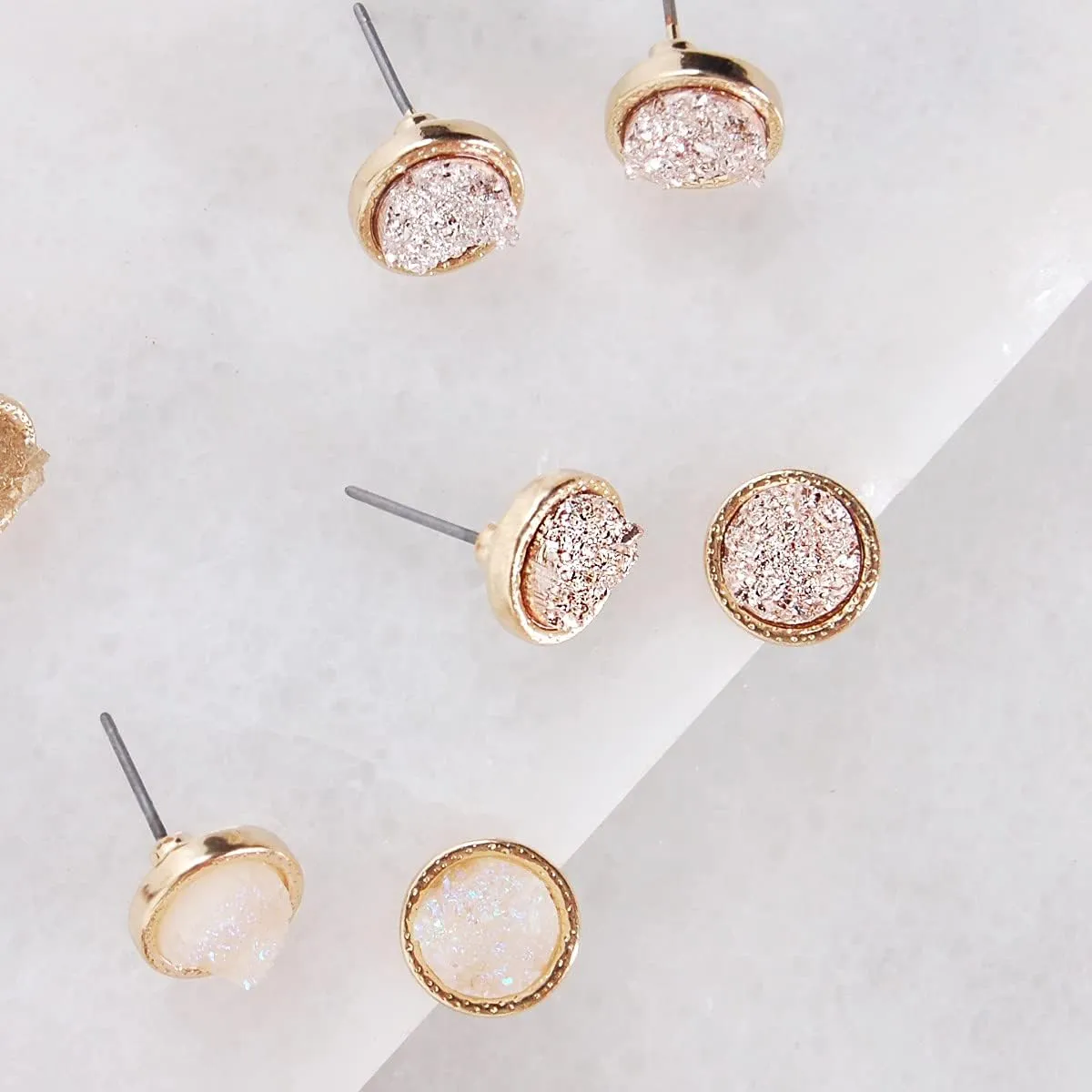 Simulated Druzy Stud Earrings for Women - 10mm Gold Tone Round Earring Studs