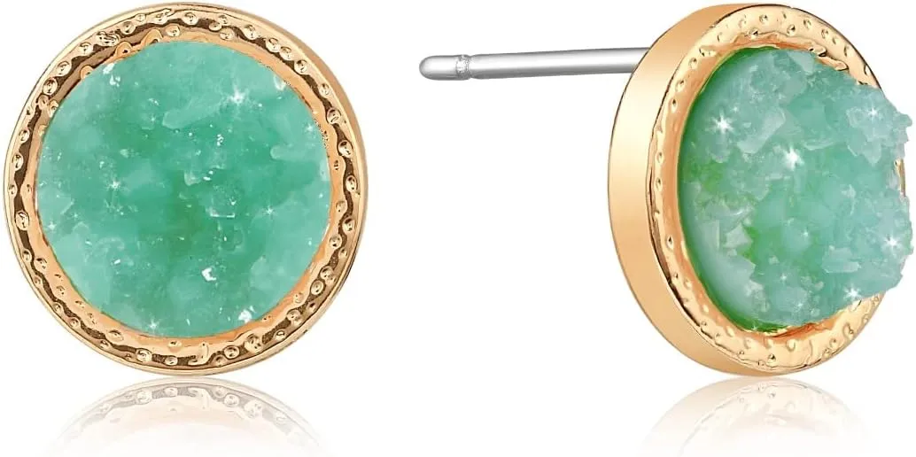 Simulated Druzy Stud Earrings for Women - 10mm Gold Tone Round Earring Studs