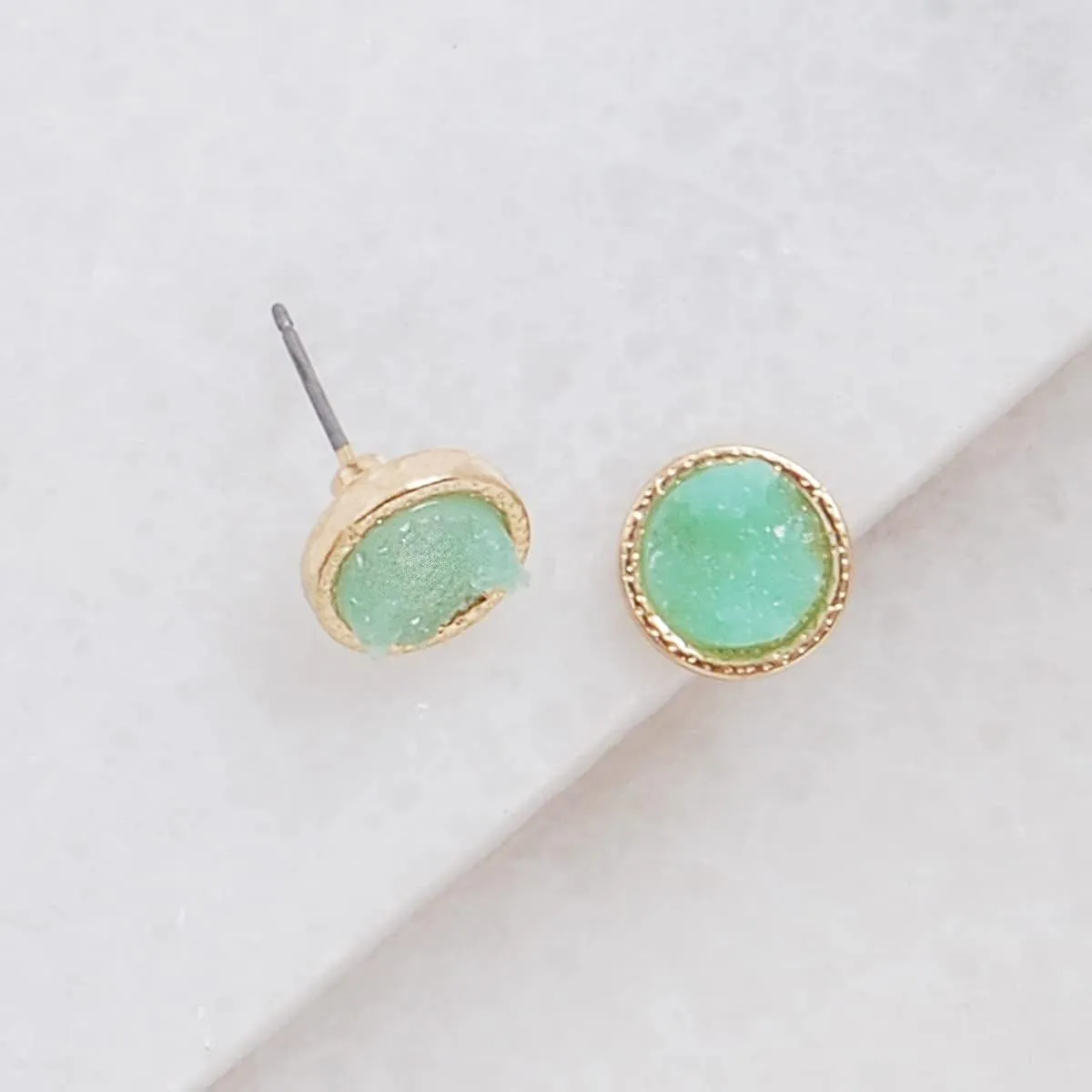 Simulated Druzy Stud Earrings for Women - 10mm Gold Tone Round Earring Studs