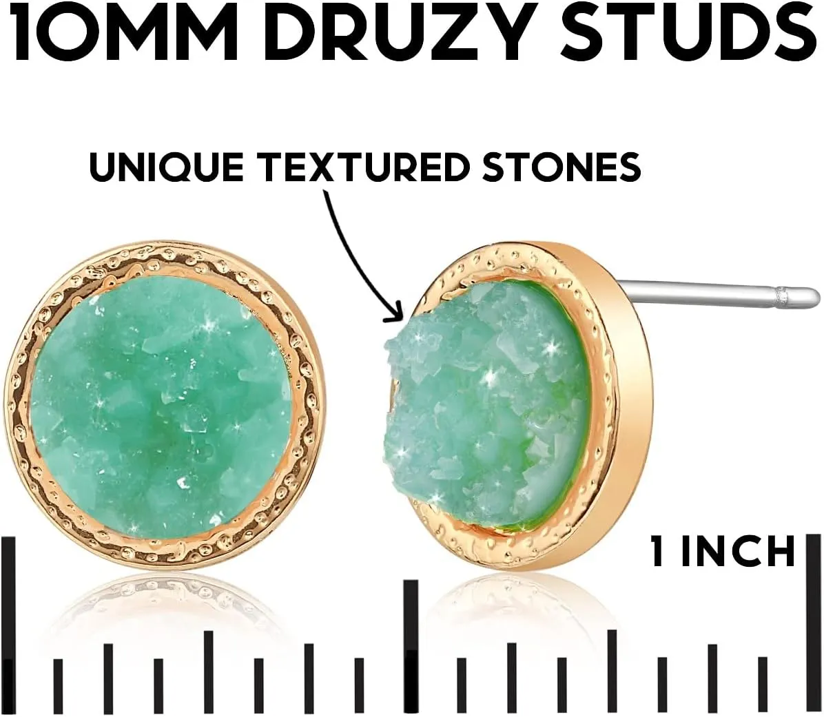 Simulated Druzy Stud Earrings for Women - 10mm Gold Tone Round Earring Studs
