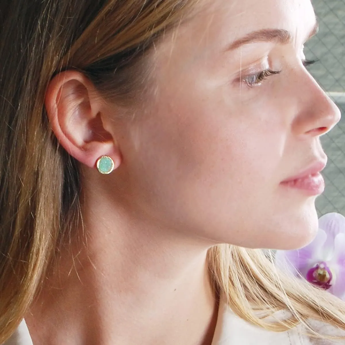 Simulated Druzy Stud Earrings for Women - 10mm Gold Tone Round Earring Studs