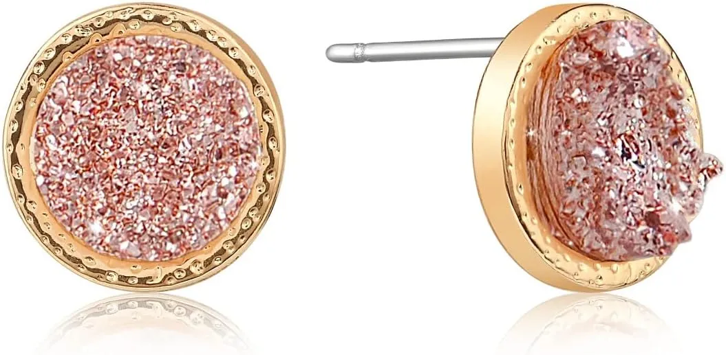 Simulated Druzy Stud Earrings for Women - 10mm Gold Tone Round Earring Studs