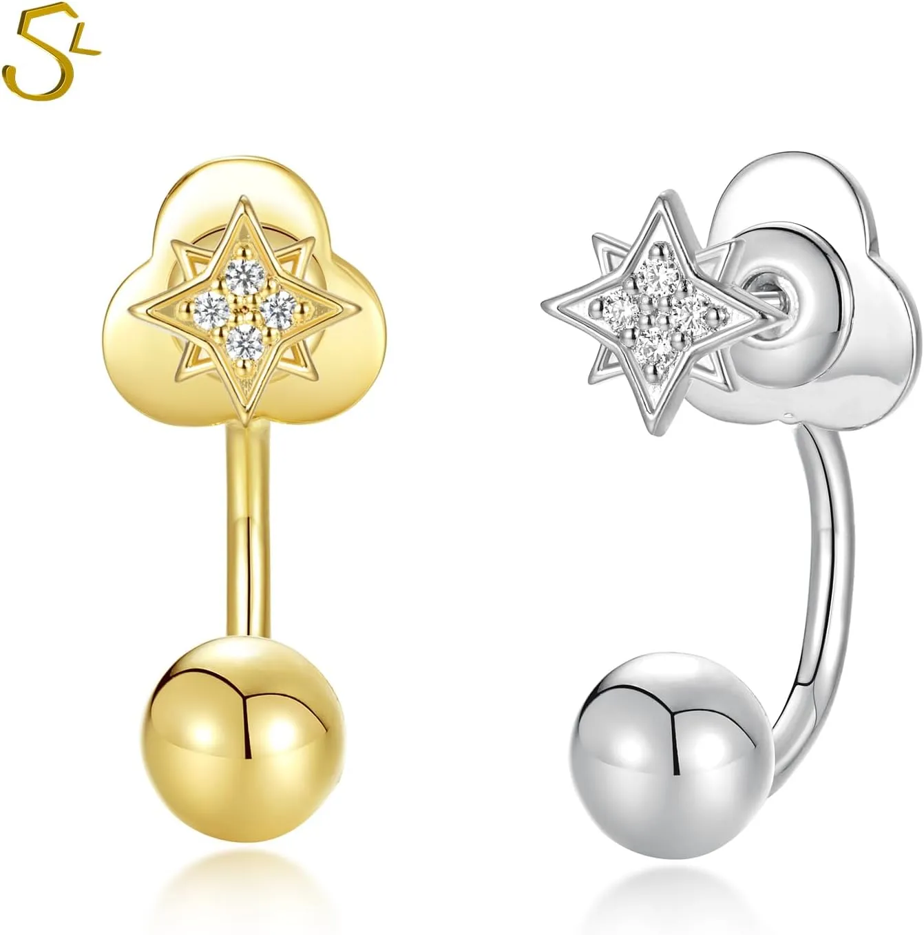 S.L.J Brass 14K Gold Plated Silver Plated Convertible Earrings  Cross, Heart, Star  U-shaped Curved Rod, Dainty Earrings for Women Lightweight
