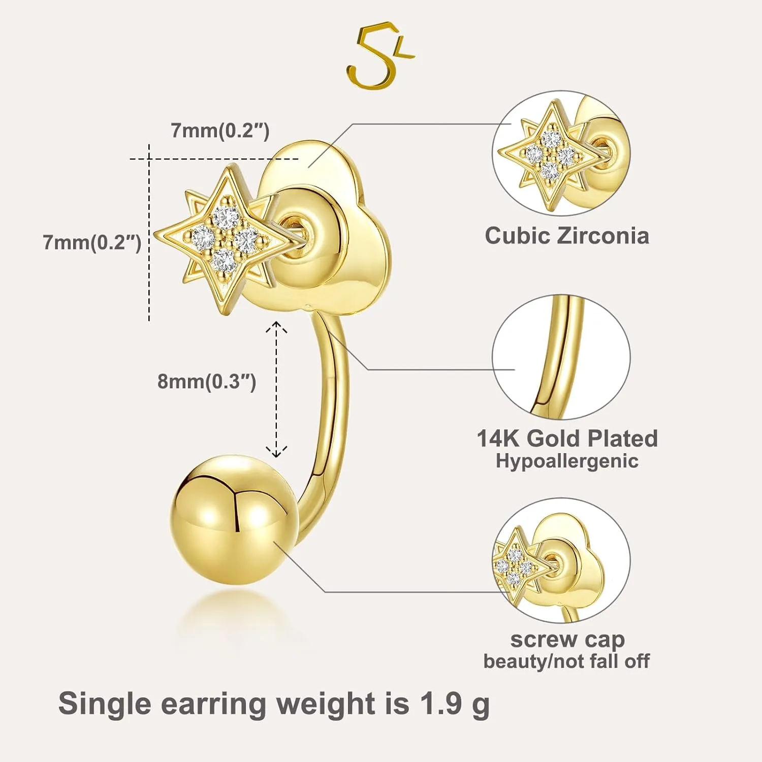 S.L.J Brass 14K Gold Plated Silver Plated Convertible Earrings  Cross, Heart, Star  U-shaped Curved Rod, Dainty Earrings for Women Lightweight