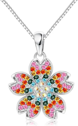 Sllaiss Austrian Crystal Flower Pendant Necklace Cherry Blossom Necklace for Women Platinum Plated Necklace Birthday Valentine's Day Jewelry Gift for Mom Women