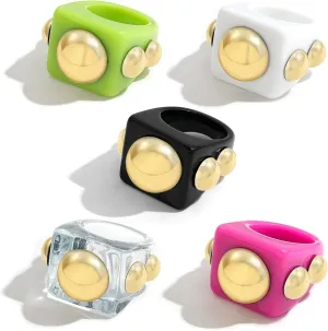 SLOONG 5pcs Y2K Style Chunky Retro Resin Acrylic Rings - Cute Colorful Candy Finger Jewelry - Transparent Handmade Trendy Plastic Rings for Women