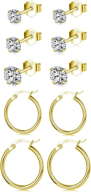 Small Sterling Silver Stud Earrings Set Tiny Cartilage Huggie Hoop Earrings Cubic Zirconia Cuff Earrings Silver Hoop Earrings for Women Men