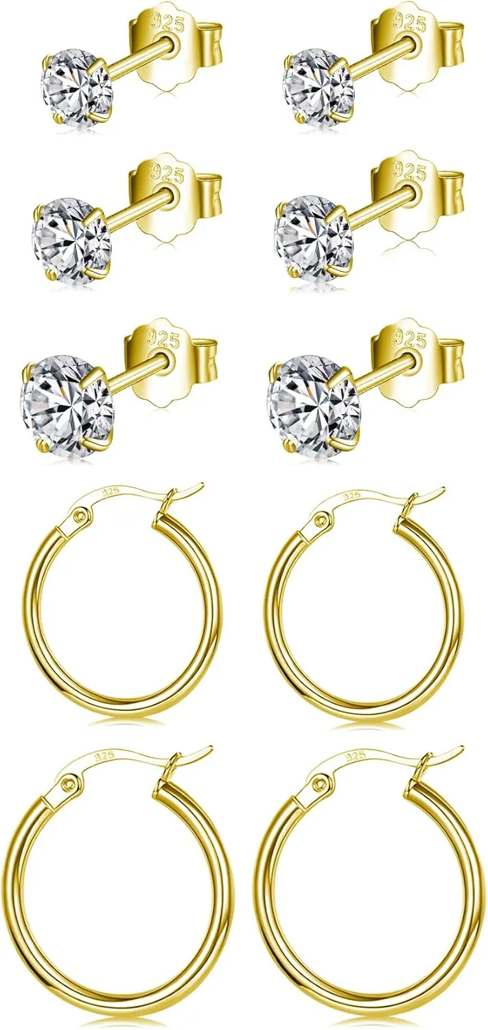 Small Sterling Silver Stud Earrings Set Tiny Cartilage Huggie Hoop Earrings Cubic Zirconia Cuff Earrings Silver Hoop Earrings for Women Men