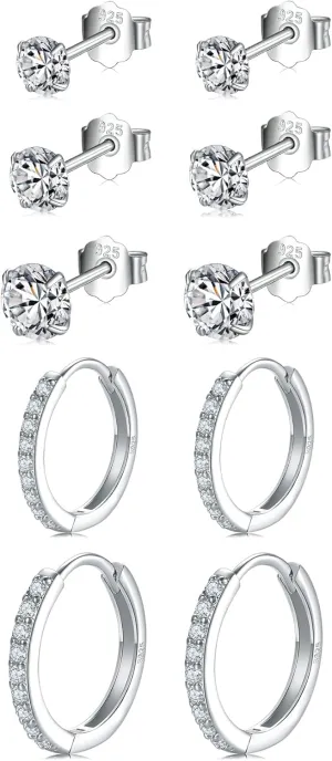 Small Sterling Silver Stud Earrings Set Tiny Cartilage Huggie Hoop Earrings Cubic Zirconia Cuff Earrings Silver Hoop Earrings for Women Men