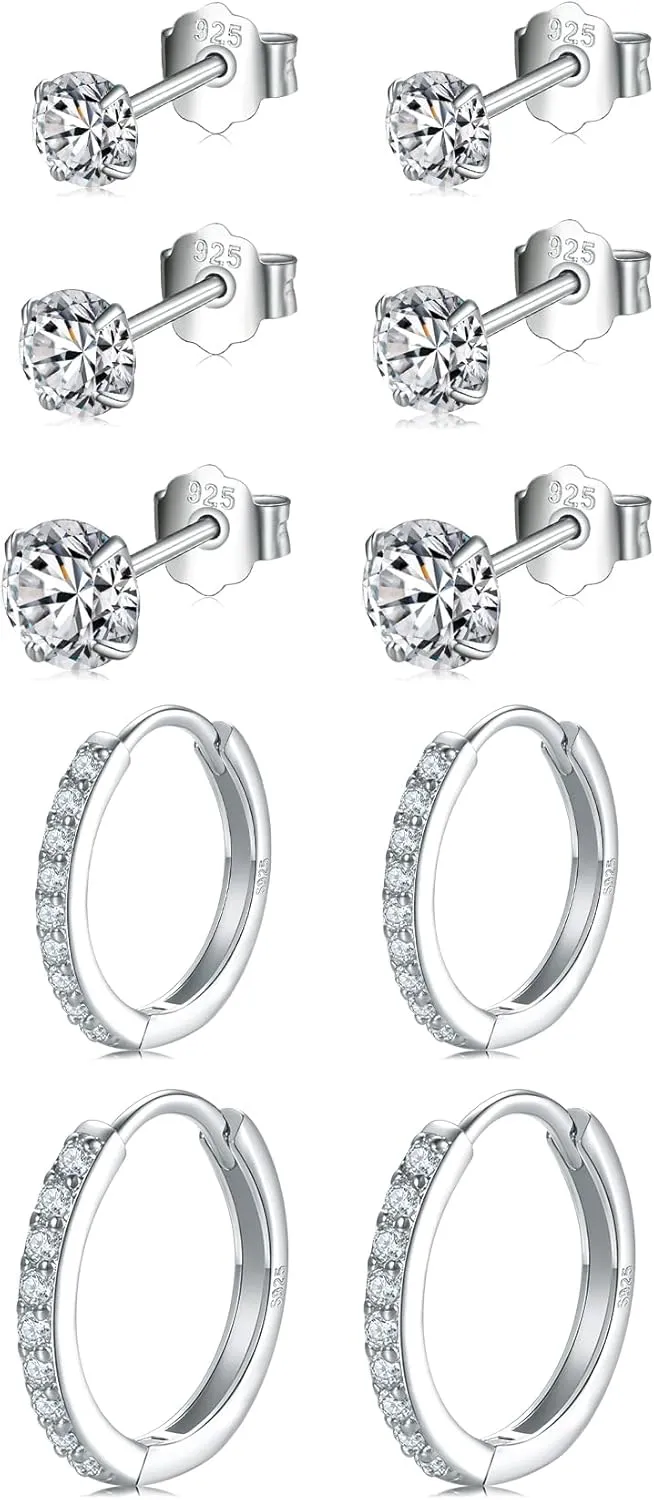 Small Sterling Silver Stud Earrings Set Tiny Cartilage Huggie Hoop Earrings Cubic Zirconia Cuff Earrings Silver Hoop Earrings for Women Men